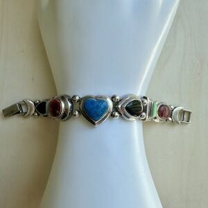 Vintage Artisan Link Bracelet 5.75 Inch Heart Turquoise Onyx 925 Sterling 27.2g